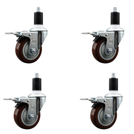 Service Caster 3.5'' SS Maroon Poly Swivel 1-1/2'' Expanding Stem Caster Set Total Lock Brake, 4PK SCC-SSEXTTL20S3514-PPUB-MRN-112-4